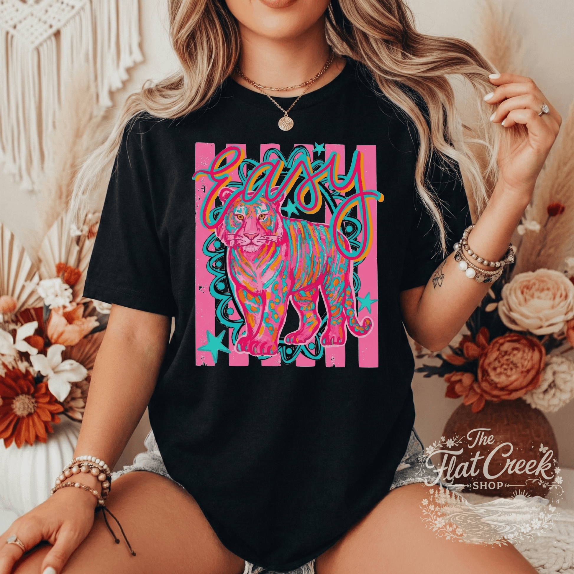 Easy Tiger Graphic Tee | Retro Neon Tiger Shirt | Comfort Colors Style | The Flat Creek ShopSThe Flat Creek Shop LLC