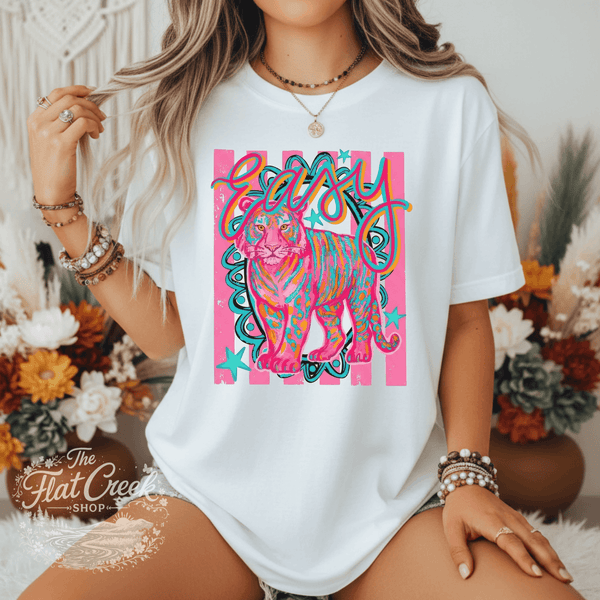 Easy Tiger Graphic Tee | Retro Neon Tiger Shirt | Comfort Colors Style | The Flat Creek ShopSThe Flat Creek Shop LLC