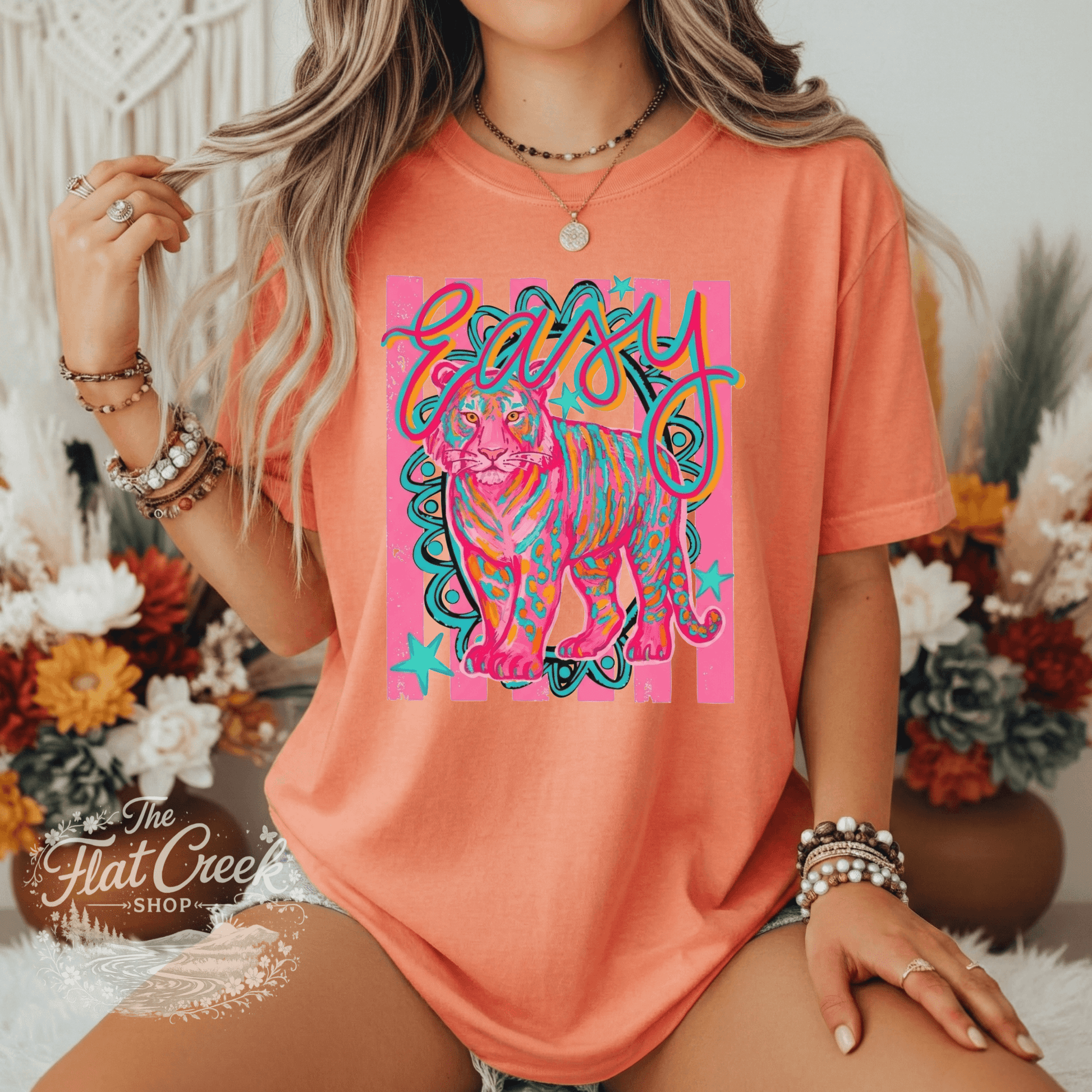 Easy Tiger Graphic Tee | Retro Neon Tiger Shirt | Comfort Colors Style | The Flat Creek ShopSThe Flat Creek Shop LLC