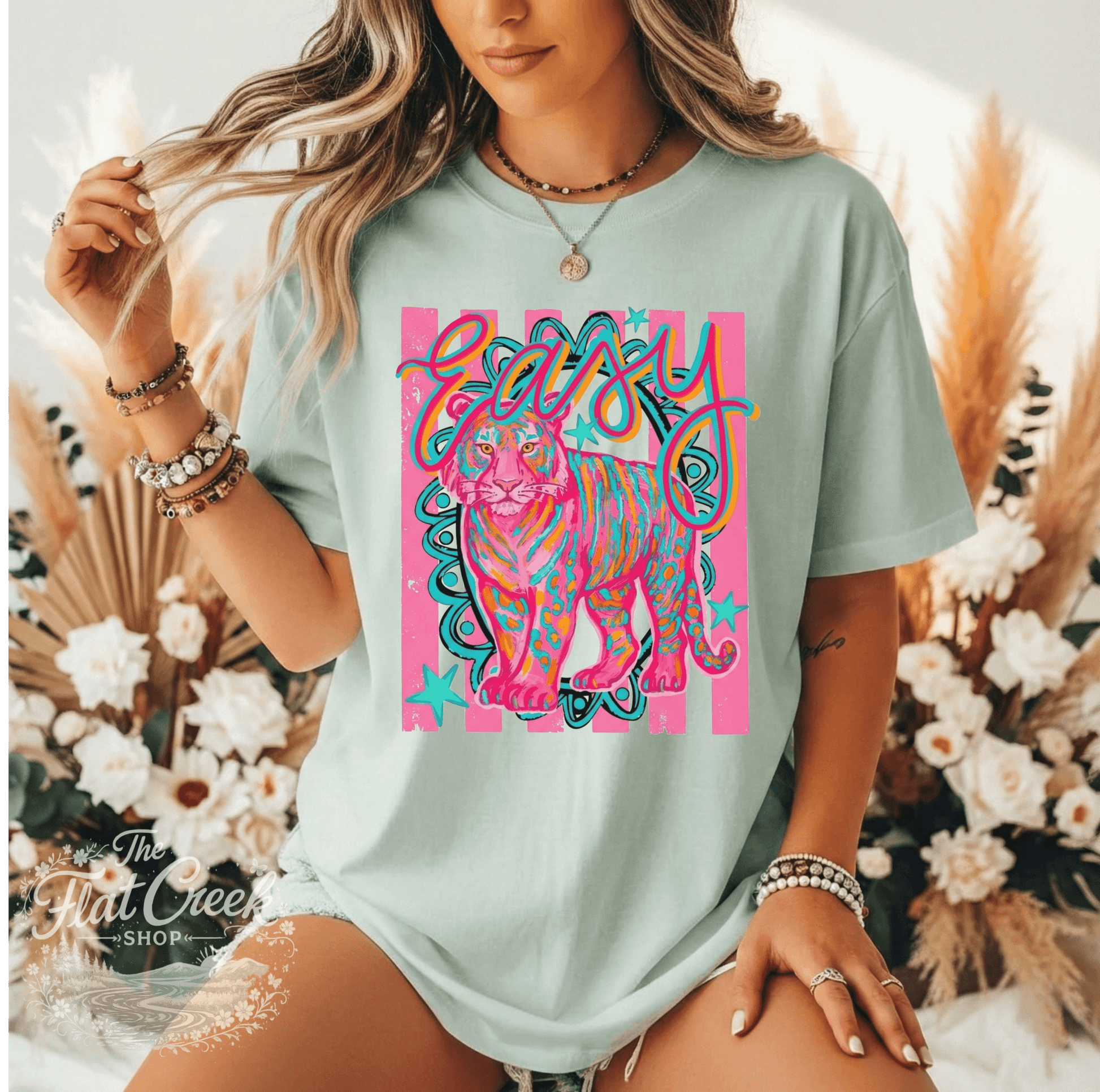 Easy Tiger Graphic Tee | Retro Neon Tiger Shirt | Comfort Colors Style | The Flat Creek ShopSThe Flat Creek Shop LLC
