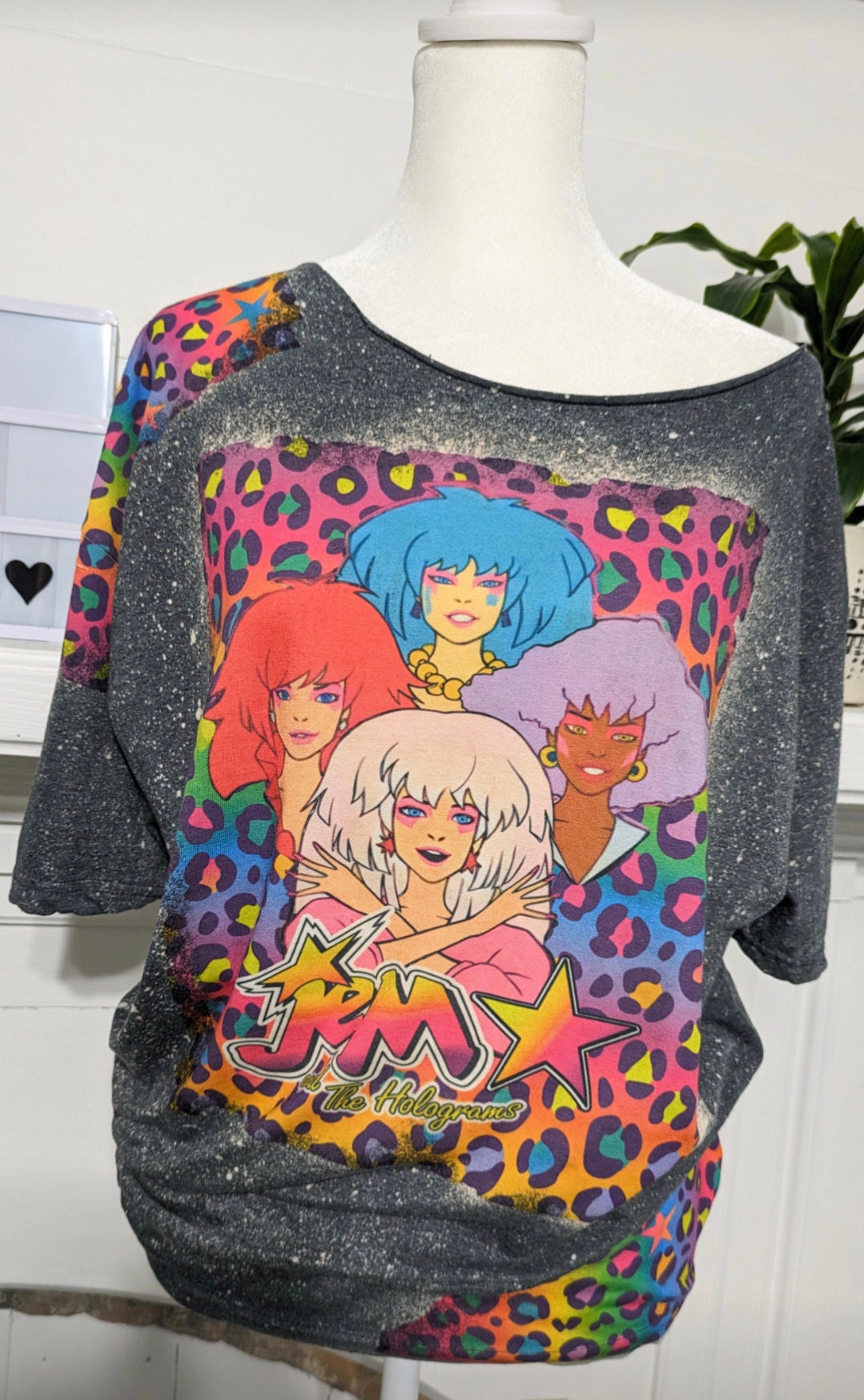 80s Cartoon Bleached T-Shirt: Neon Leopard Print, Off-Shoulder Tee