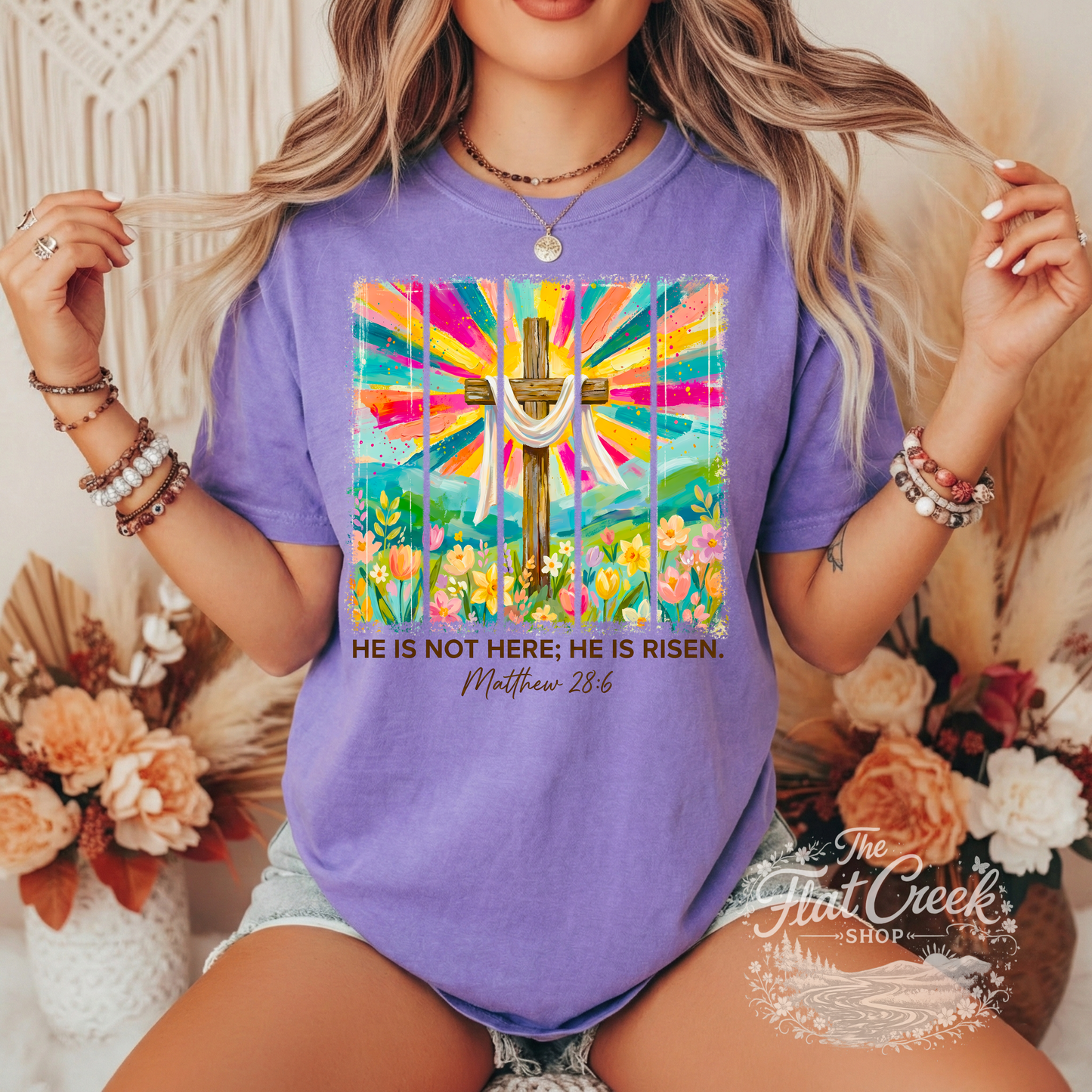 He Is Not Here He Is Risen Shirt | Matthew 28:6 Christian Tee | Easter Cross Graphic T-Shirt | Faith Based Shirt for Women
