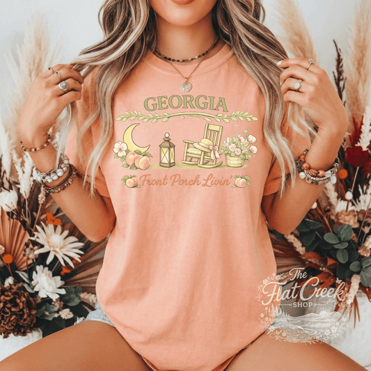 Georgia Front Porch Livin’ Graphic Tee | Southern Boutique Shirt | Peach State Country Tee | Vintage Farmhouse StyleSThe Flat Creek Shop LLC