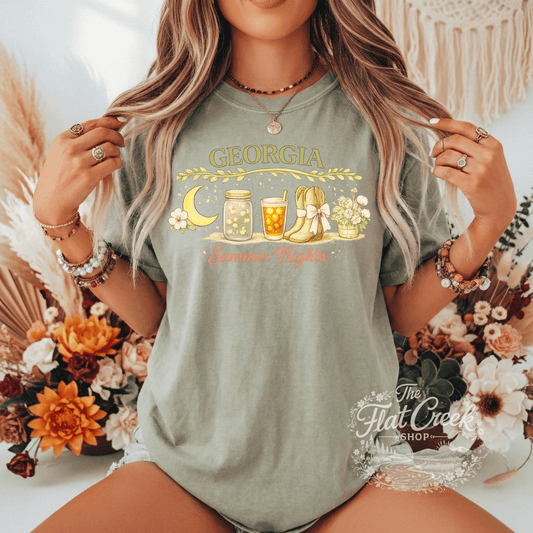 Georgia Summer Nights Graphic Tee | Southern Aesthetic Shirt | Fireflies & Sweet Tea Tee | Vintage Country Boutique StyleSThe Flat Creek Shop LLC