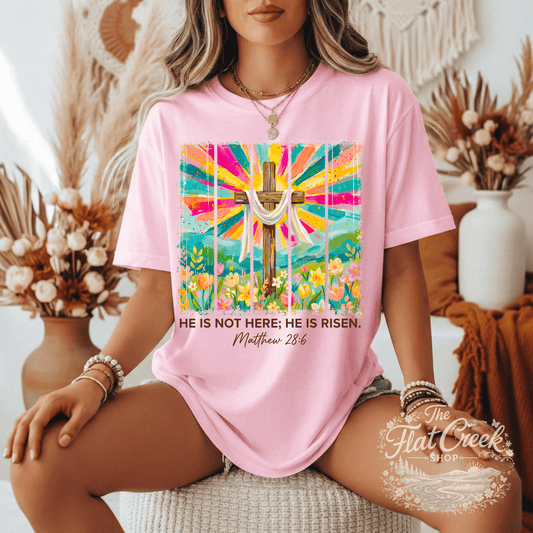 He Is Risen Shirt | Matthew 28:6 | Comfort Colors Christian Easter Tee for WomenSThe Flat Creek Shop LLC