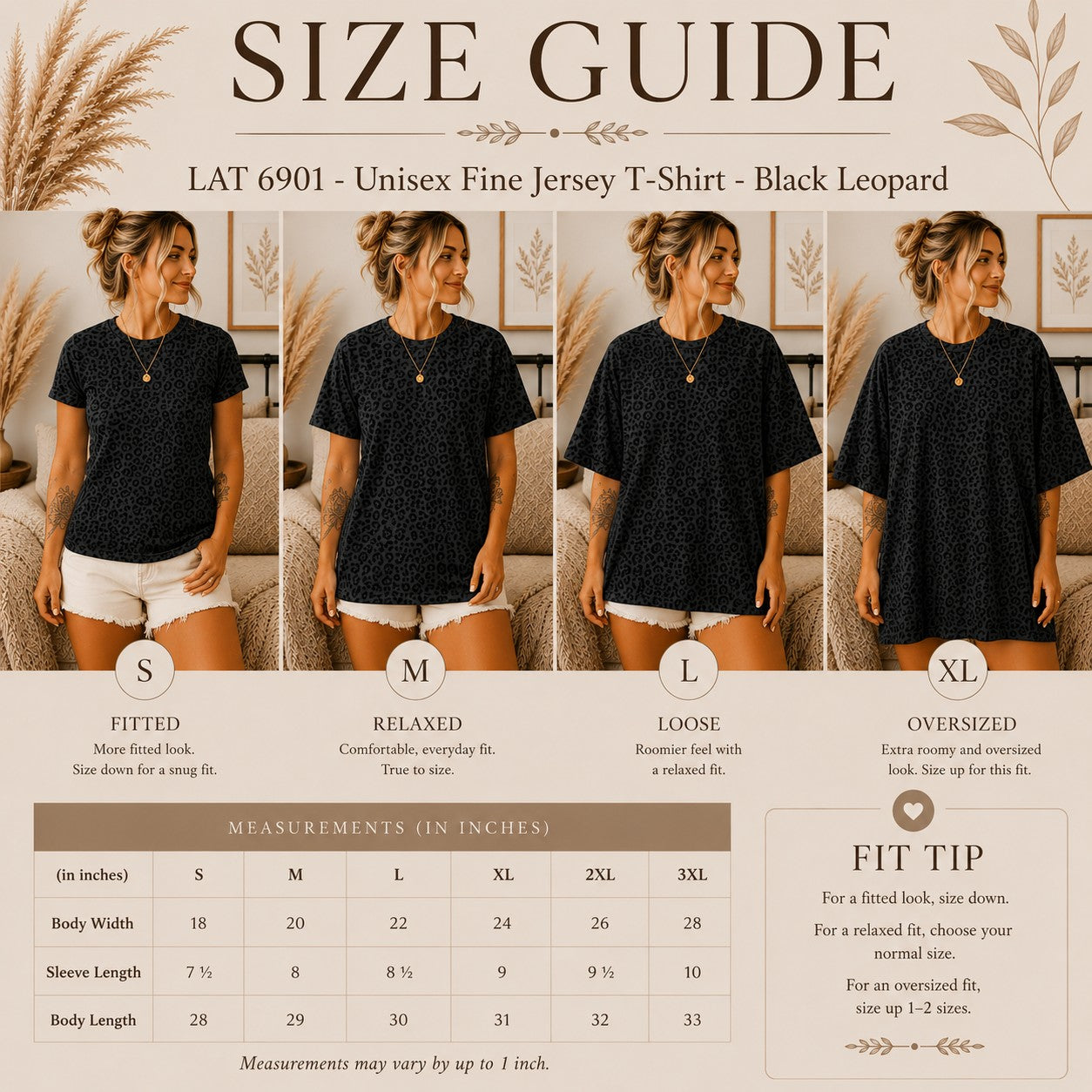 Size guide for a black leopard print t-shirt with model wearing the shirt in different sizes.