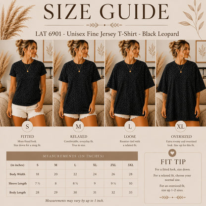 Size guide for a black leopard print t-shirt with model wearing the shirt in different sizes.
