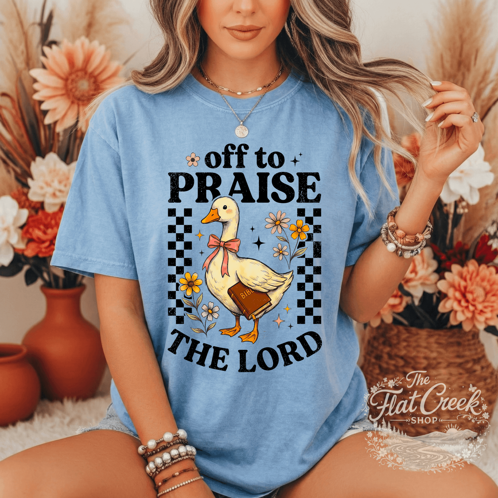 Off to Praise the Lord Shirt | Christian Goose Tee | Cute Faith Graphic T-Shirt | Trendy Christian Shirt for WomenSThe Flat Creek Shop LLC
