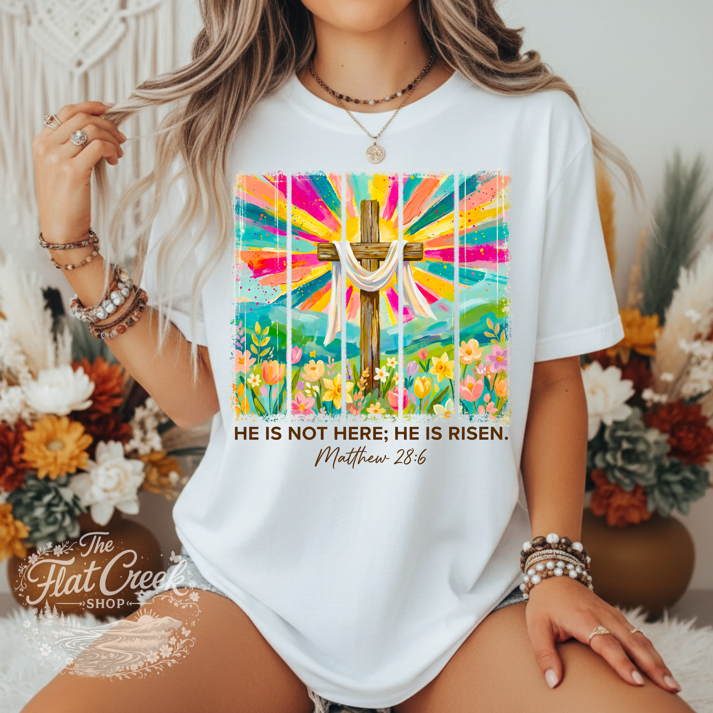 He Is Not Here He Is Risen Shirt | Matthew 28:6 Christian Tee | Easter Cross Graphic T-Shirt | Faith Based Shirt for Women
