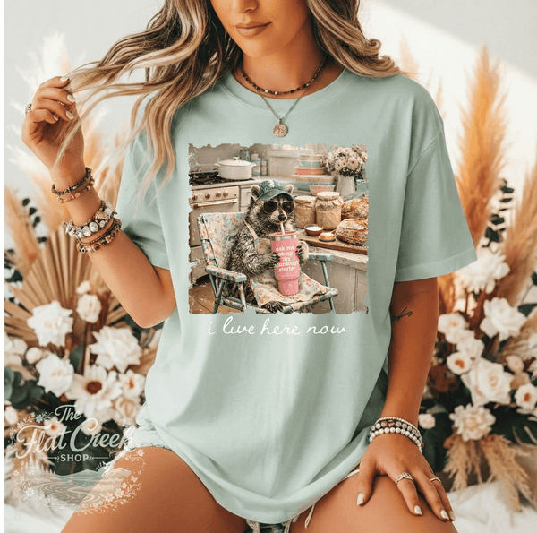 Sourdough Raccoon Shirt – "I Live Here Now" Cozy Kitchen TeeSThe Flat Creek Shop LLC
