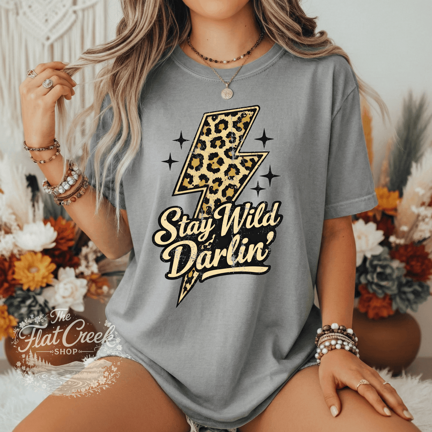 Stay Wild Darlin Shirt | Leopard Lightning Bolt Tee | Western Graphic Tee | Comfort Colors StyleSThe Flat Creek Shop LLC