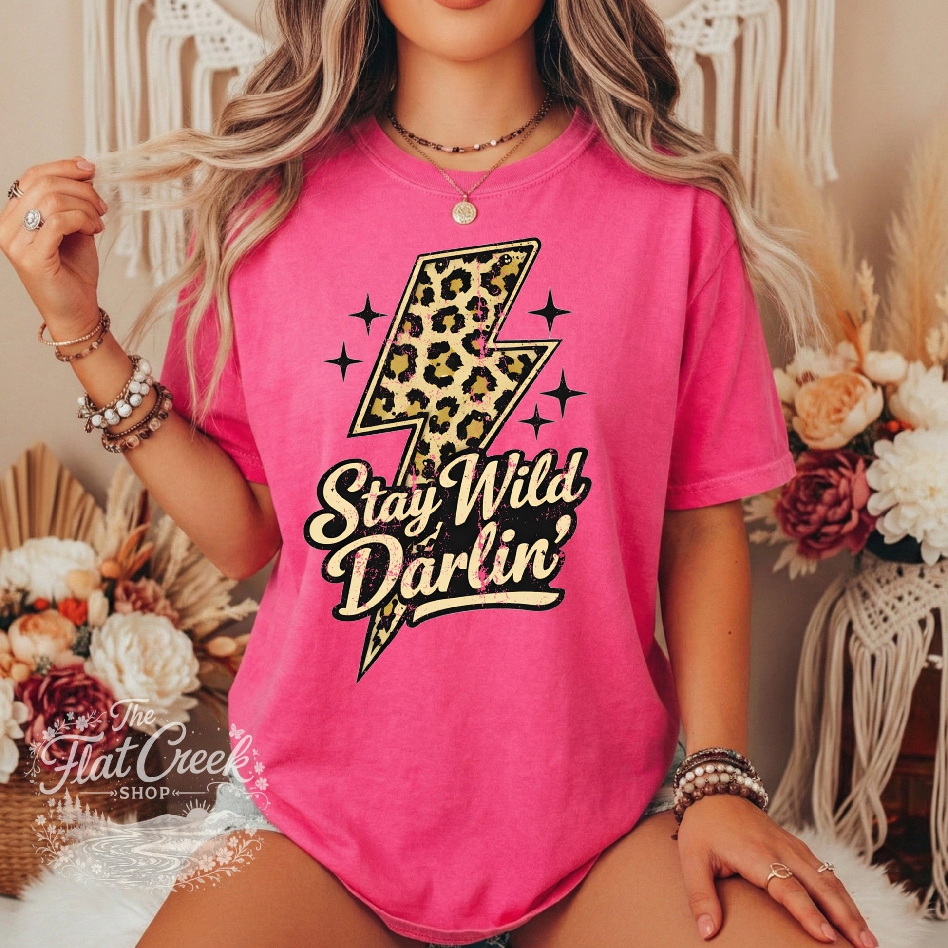 Stay Wild Darlin Shirt | Leopard Lightning Bolt Tee | Western Graphic Tee | Comfort Colors StyleSThe Flat Creek Shop LLC