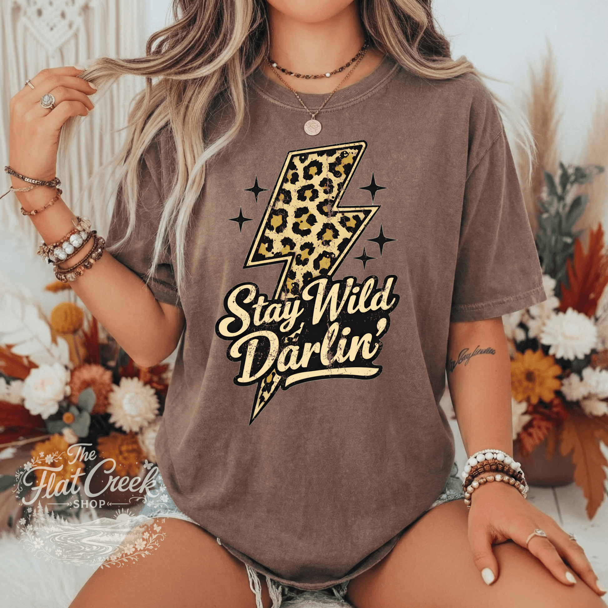 Stay Wild Darlin Shirt | Leopard Lightning Bolt Tee | Western Graphic Tee | Comfort Colors StyleSThe Flat Creek Shop LLC