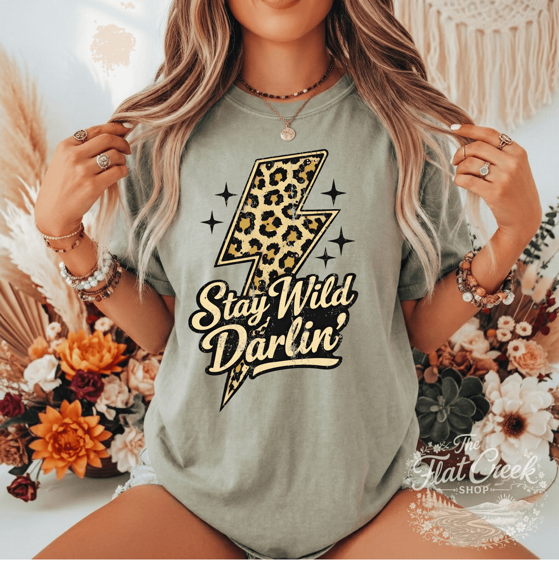 Stay Wild Darlin Shirt | Leopard Lightning Bolt Tee | Western Graphic Tee | Comfort Colors StyleSThe Flat Creek Shop LLC
