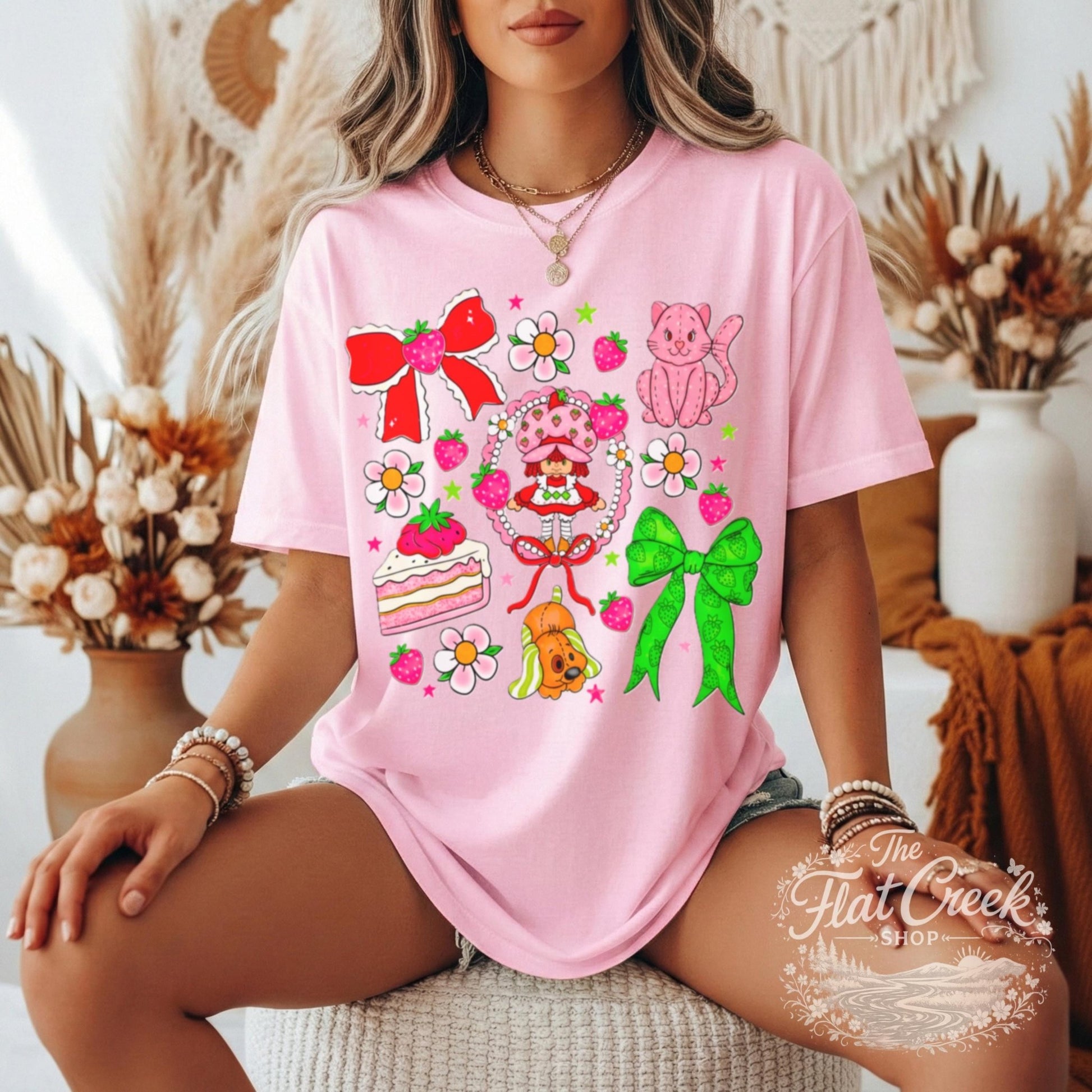 Strawberry Graphic Tee | Retro Cartoon Kitty & Bow Shirt | Comfort ColorsSThe Flat Creek Shop LLC
