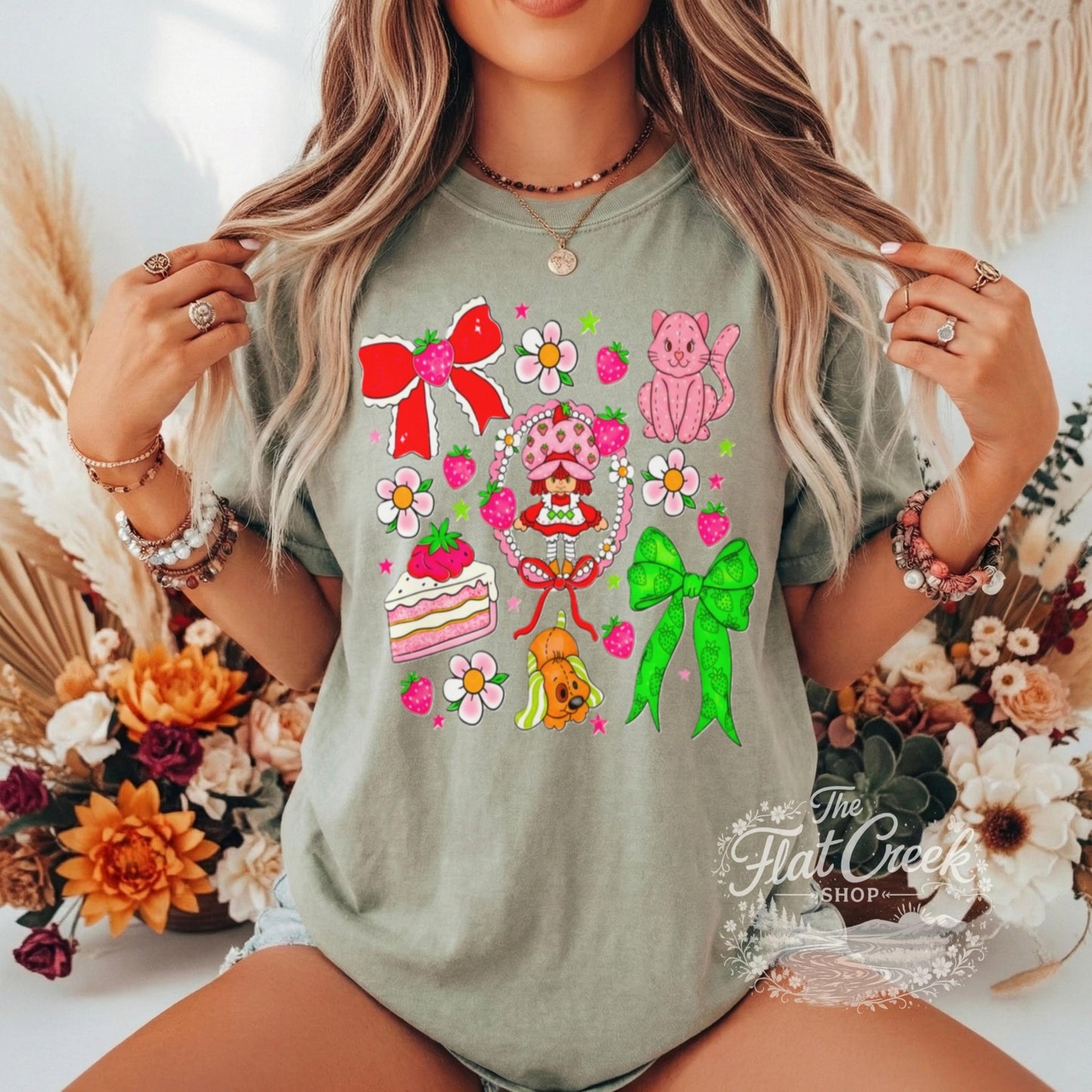 Strawberry Graphic Tee | Retro Cartoon Kitty & Bow Shirt | Comfort ColorsSThe Flat Creek Shop LLC