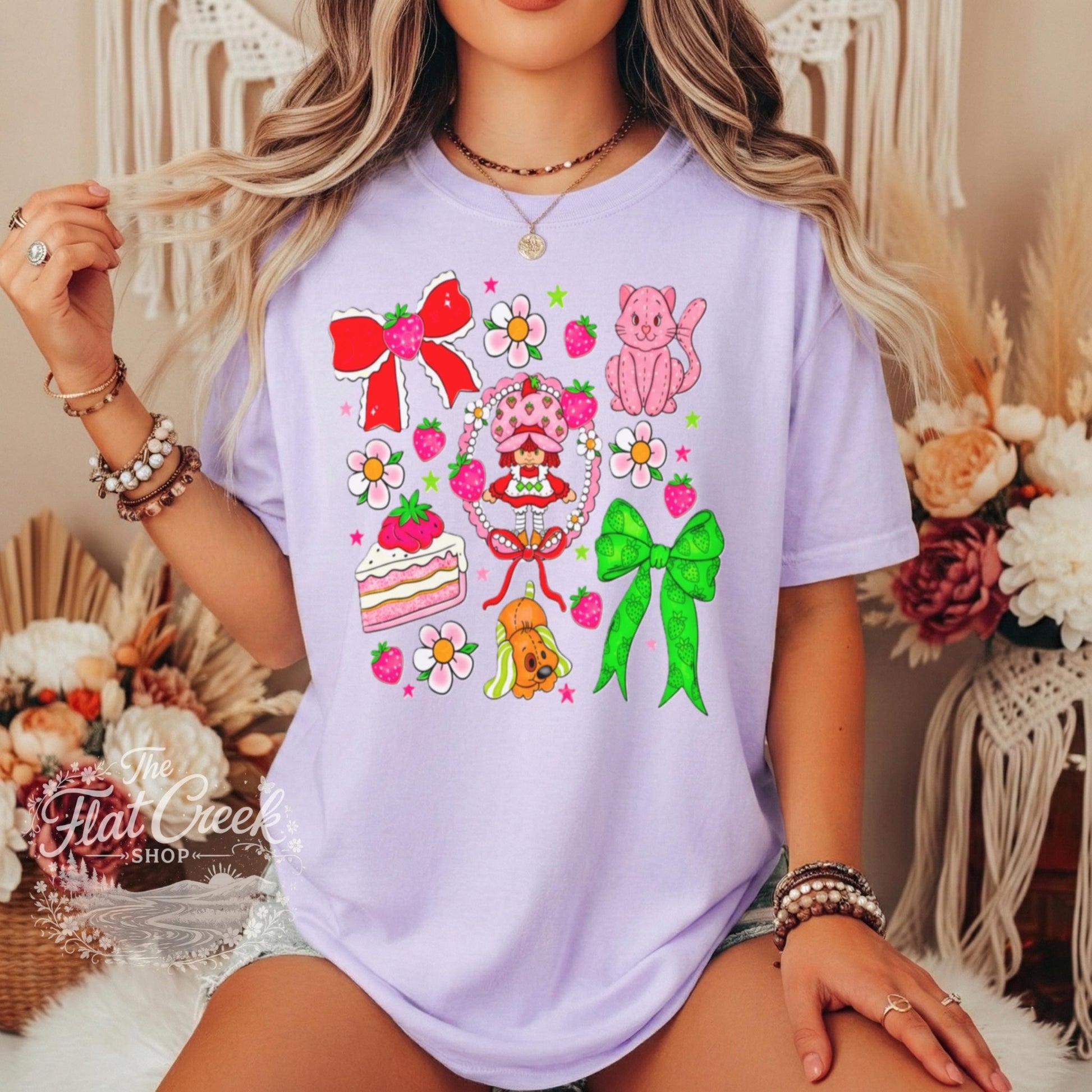 Strawberry Graphic Tee | Retro Cartoon Kitty & Bow Shirt | Comfort ColorsSThe Flat Creek Shop LLC