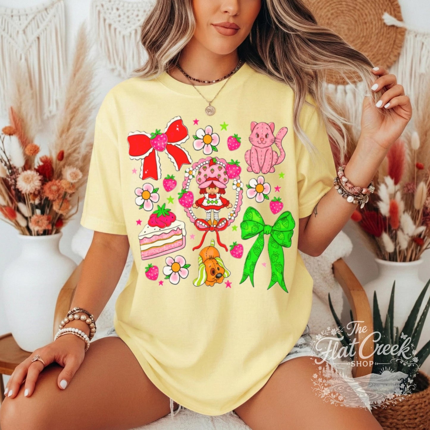 Strawberry Graphic Tee | Retro Cartoon Kitty & Bow Shirt | Comfort ColorsSThe Flat Creek Shop LLC