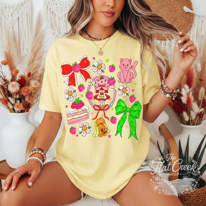 Strawberry Graphic Tee | Retro Cartoon Kitty & Bow Shirt | Comfort ColorsSThe Flat Creek Shop LLC