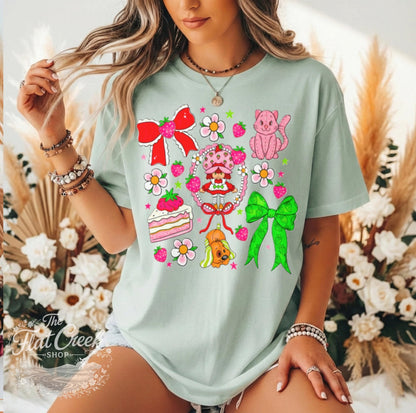 Strawberry Graphic Tee | Retro Cartoon Kitty & Bow Shirt | Comfort ColorsSThe Flat Creek Shop LLC