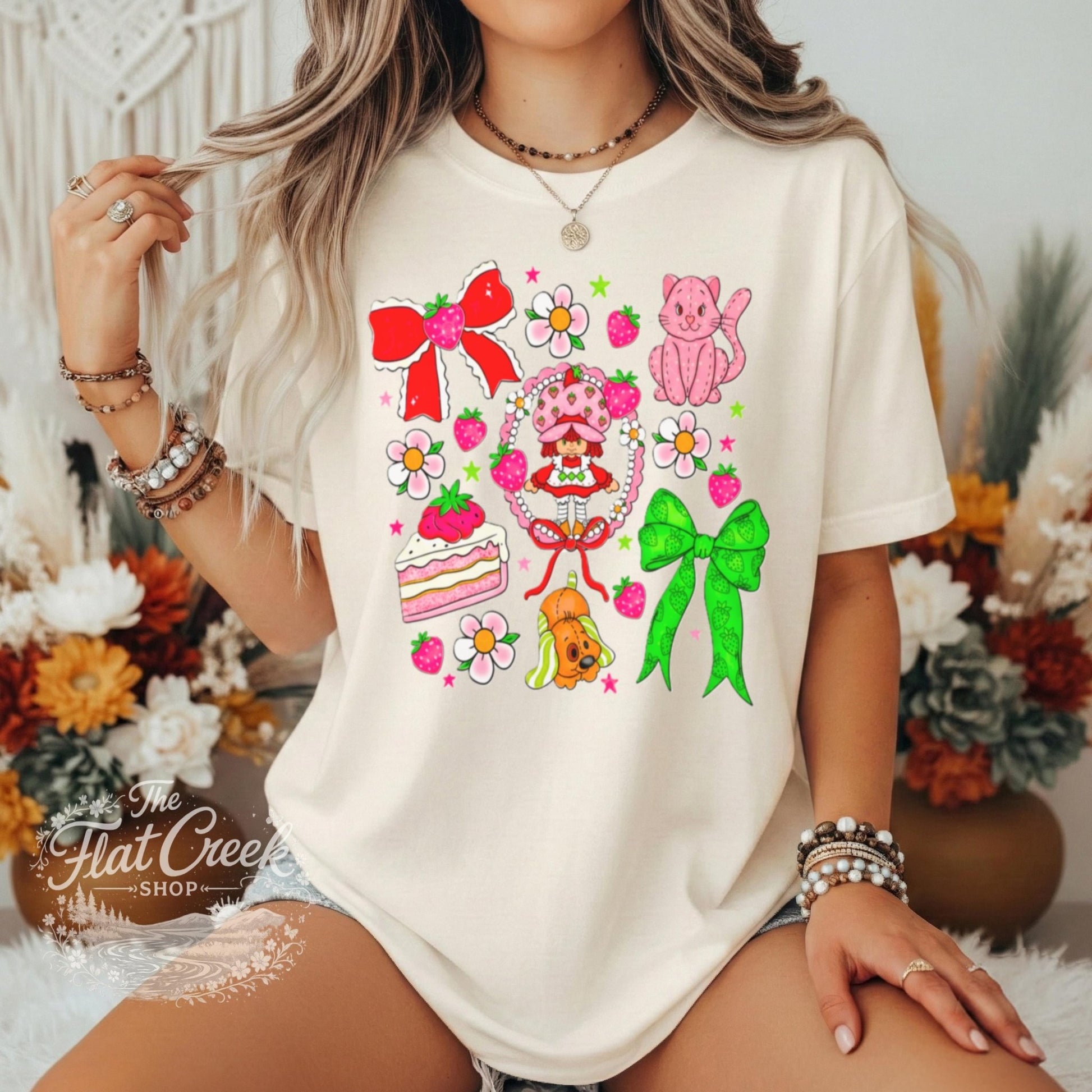 Strawberry Graphic Tee | Retro Cartoon Kitty & Bow Shirt | Comfort ColorsSThe Flat Creek Shop LLC