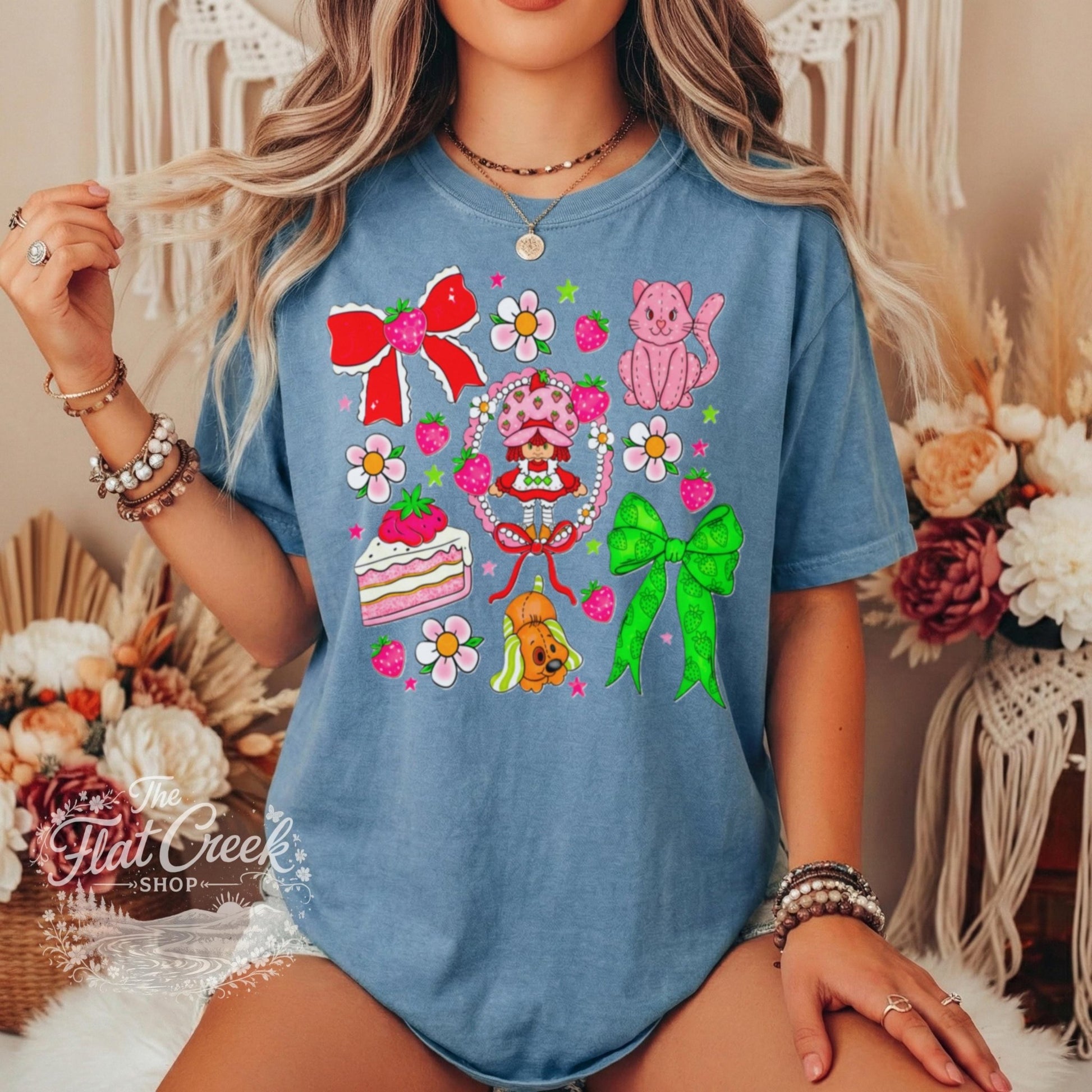 Strawberry Graphic Tee | Retro Cartoon Kitty & Bow Shirt | Comfort ColorsSThe Flat Creek Shop LLC