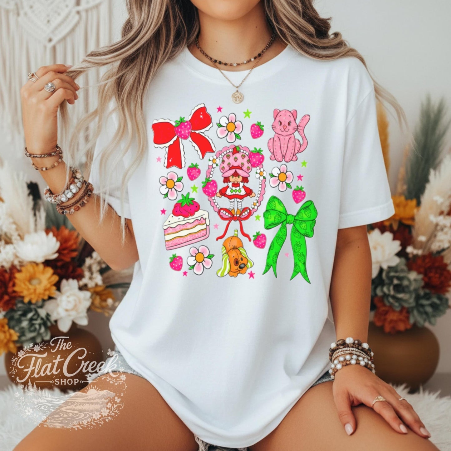 Strawberry Graphic Tee | Retro Cartoon Kitty & Bow Shirt | Comfort ColorsSThe Flat Creek Shop LLC