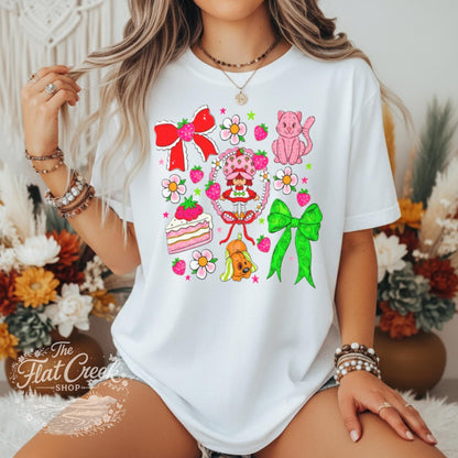 Strawberry Graphic Tee | Retro Cartoon Kitty & Bow Shirt | Comfort ColorsSThe Flat Creek Shop LLC