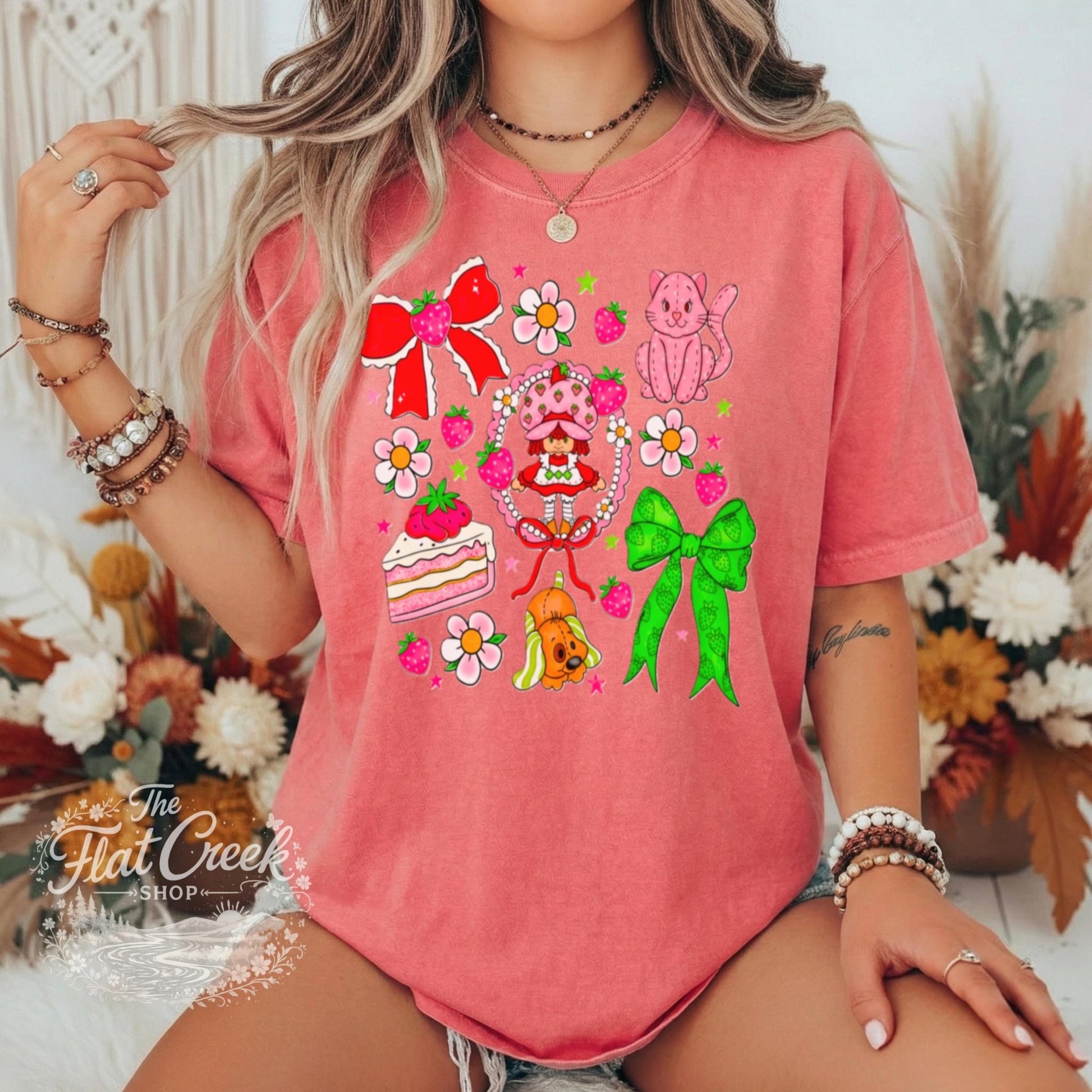 Strawberry Graphic Tee | Retro Cartoon Kitty & Bow Shirt | Comfort ColorsSThe Flat Creek Shop LLC