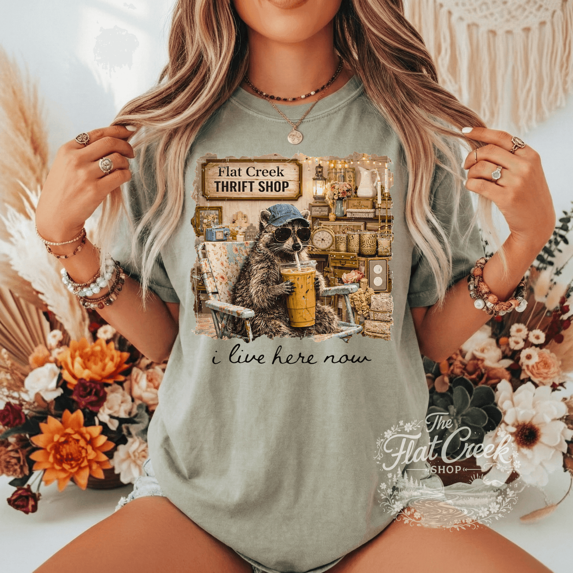 Thrift Shop Raccoon Shirt – "I Live Here Now" Vintage Boutique TeeSThe Flat Creek Shop LLC