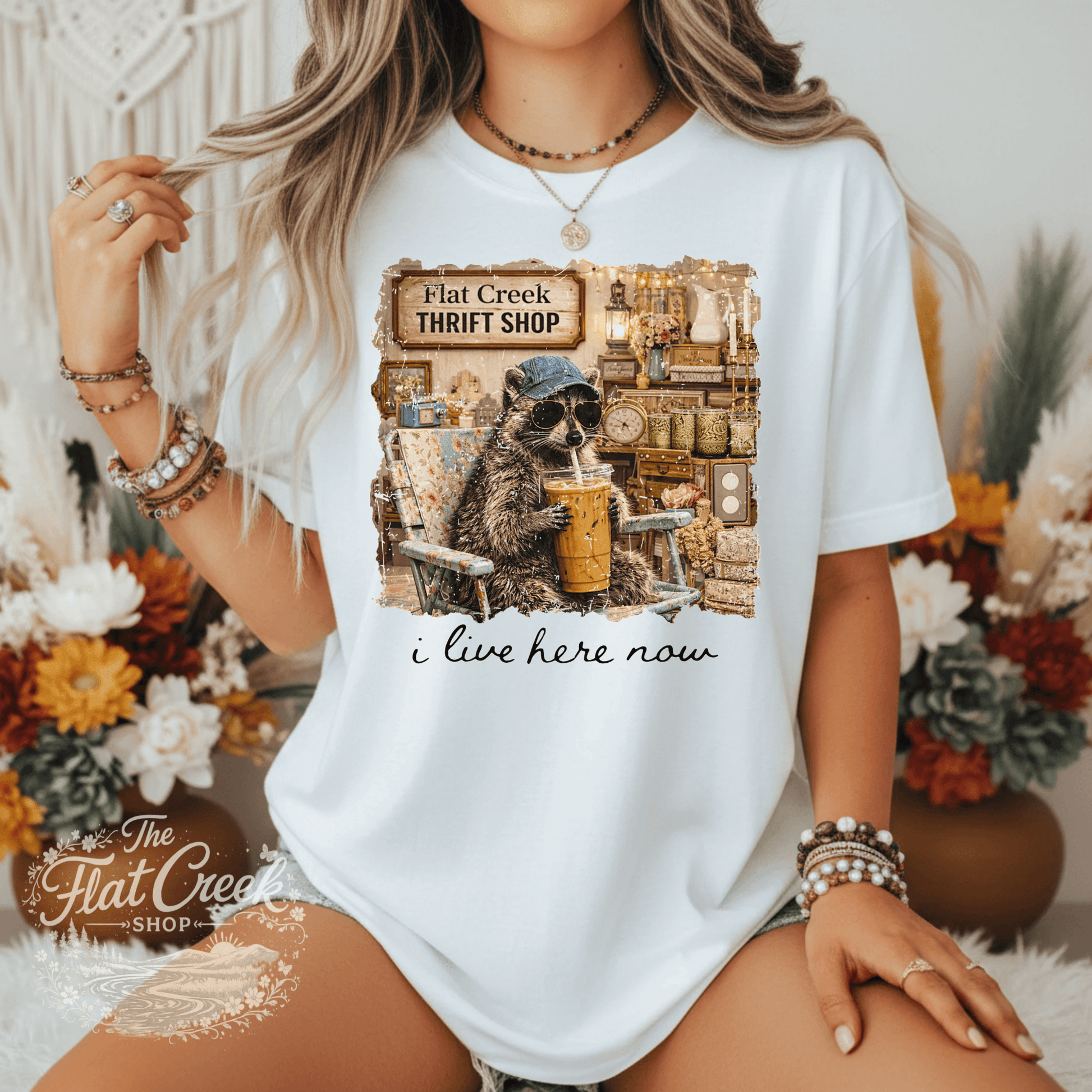 Thrift Shop Raccoon Shirt – "I Live Here Now" Vintage Boutique TeeSThe Flat Creek Shop LLC