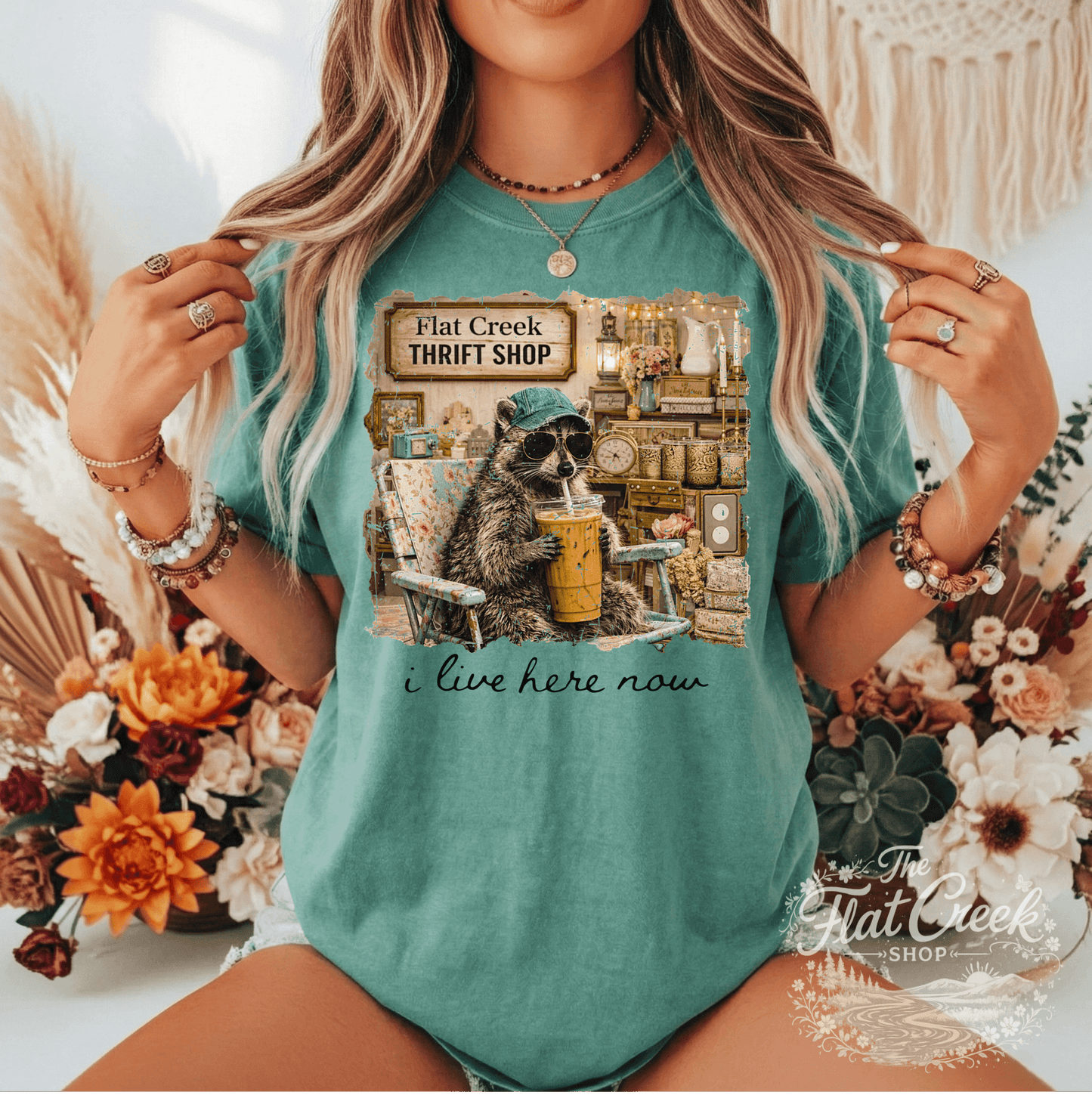 Thrift Shop Raccoon Shirt – "I Live Here Now" Vintage Boutique TeeSThe Flat Creek Shop LLC