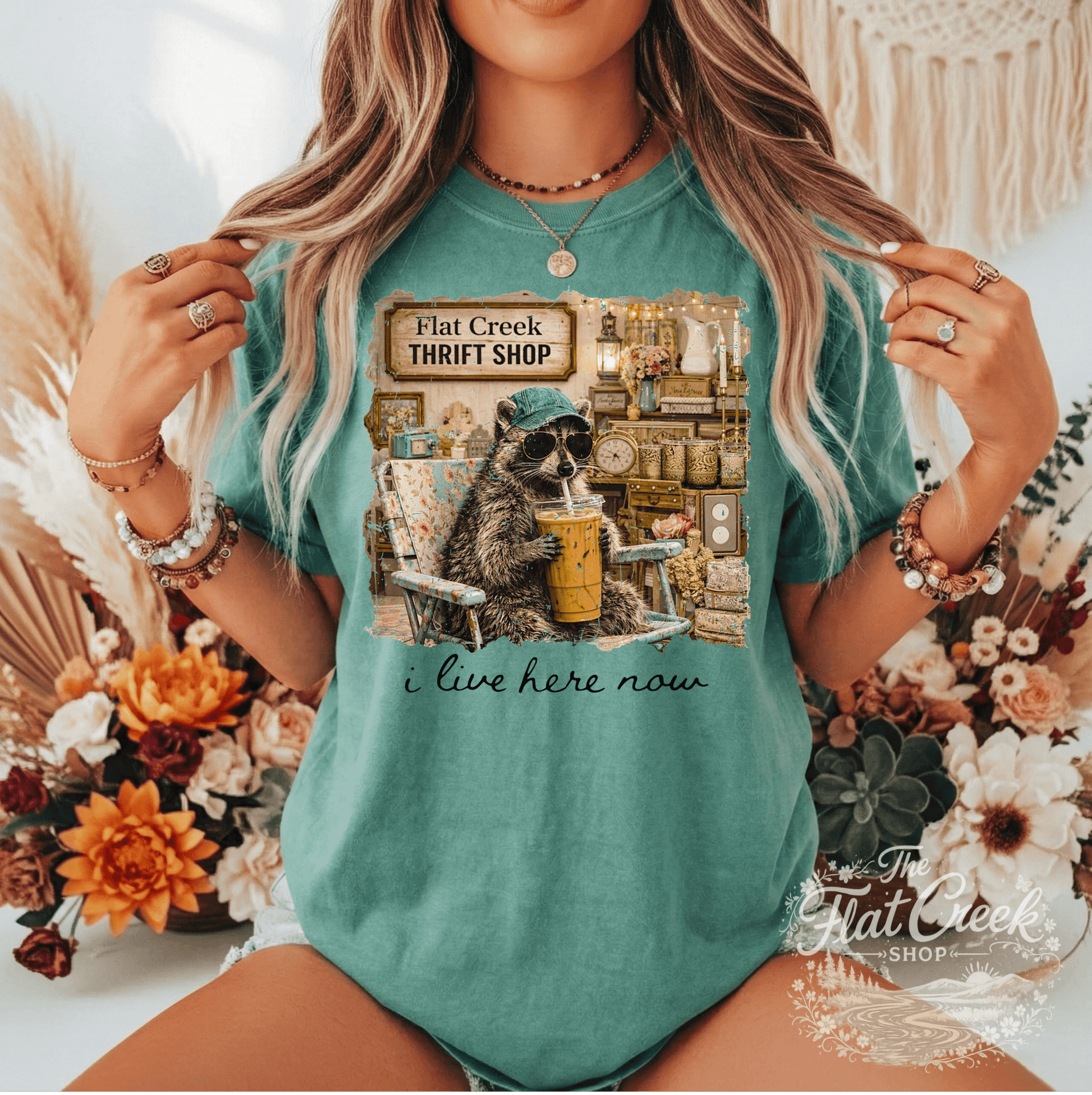 Thrift Shop Raccoon Shirt – "I Live Here Now" Vintage Boutique TeeSThe Flat Creek Shop LLC
