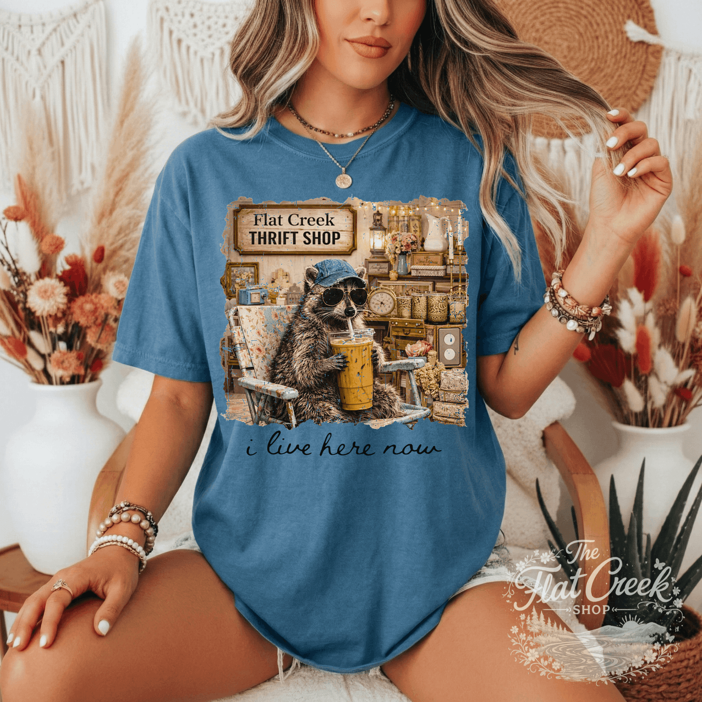 Thrift Shop Raccoon Shirt – "I Live Here Now" Vintage Boutique TeeSThe Flat Creek Shop LLC