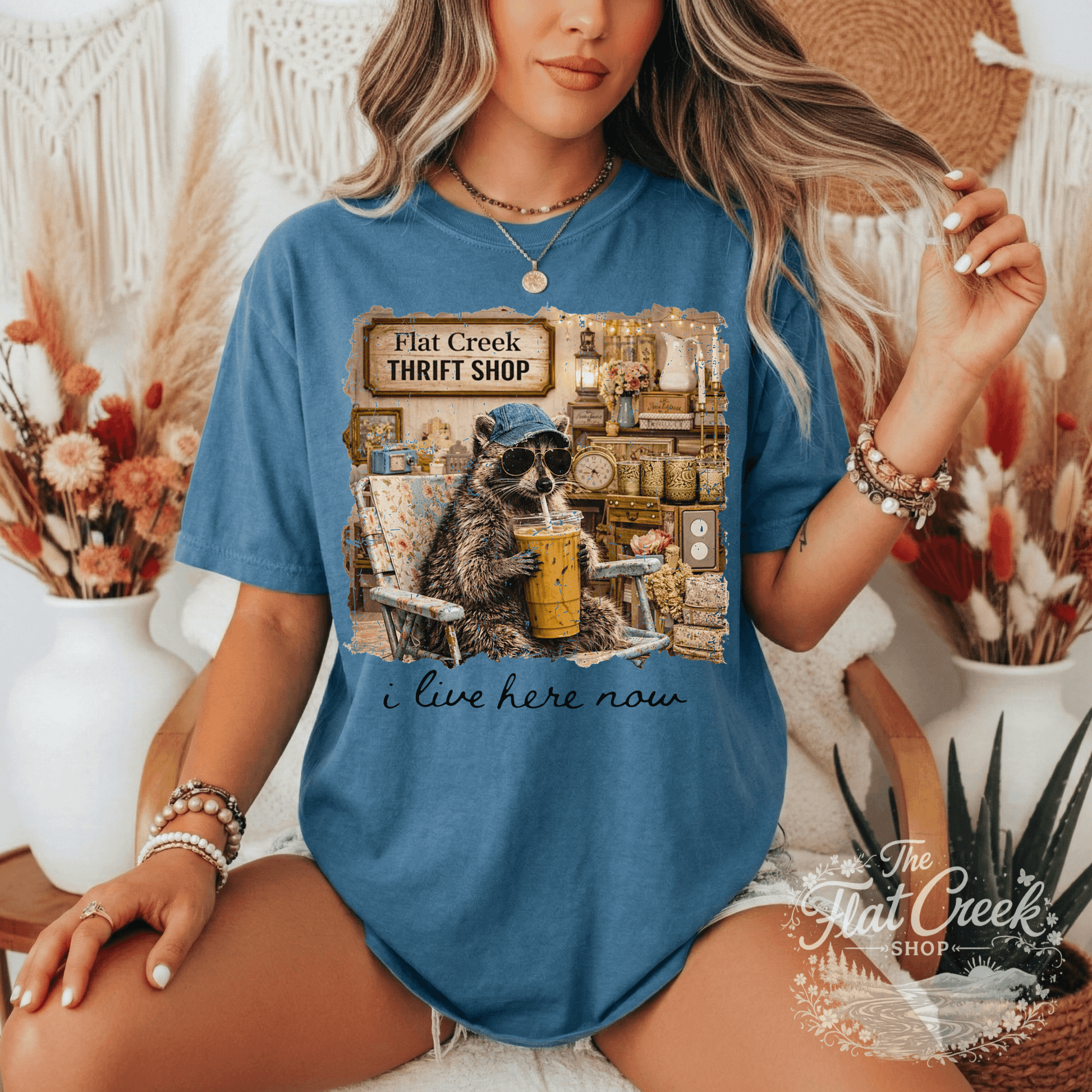 Thrift Shop Raccoon Shirt – "I Live Here Now" Vintage Boutique TeeSThe Flat Creek Shop LLC
