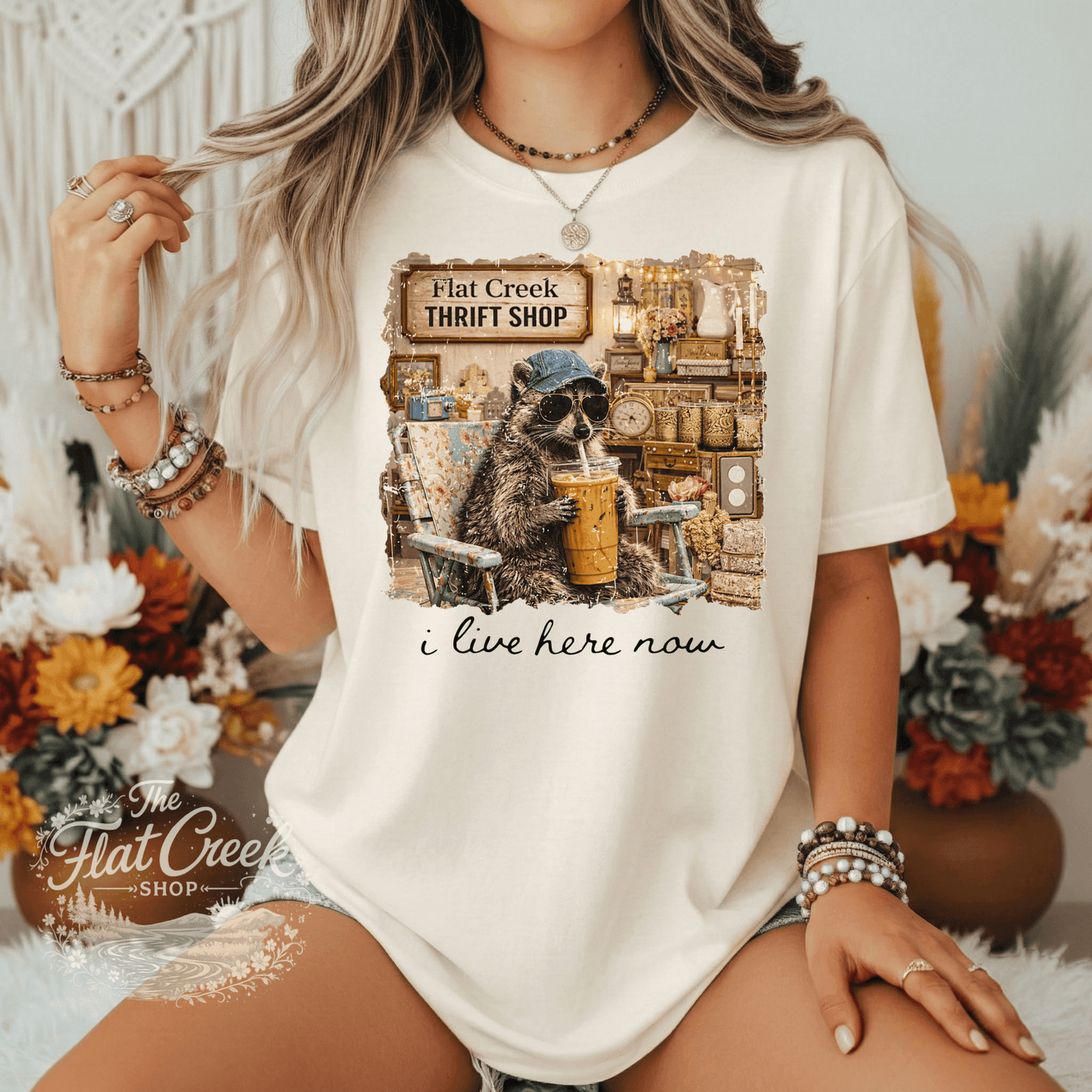Thrift Shop Raccoon Shirt – "I Live Here Now" Vintage Boutique TeeSThe Flat Creek Shop LLC
