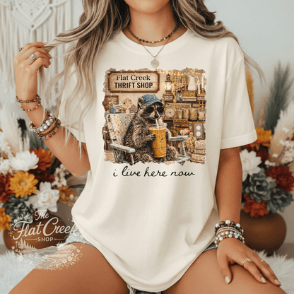 Thrift Shop Raccoon Shirt – "I Live Here Now" Vintage Boutique TeeSThe Flat Creek Shop LLC