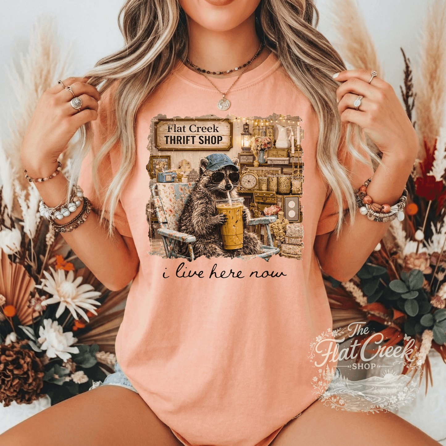 Thrift Shop Raccoon Shirt – "I Live Here Now" Vintage Boutique TeeSThe Flat Creek Shop LLC