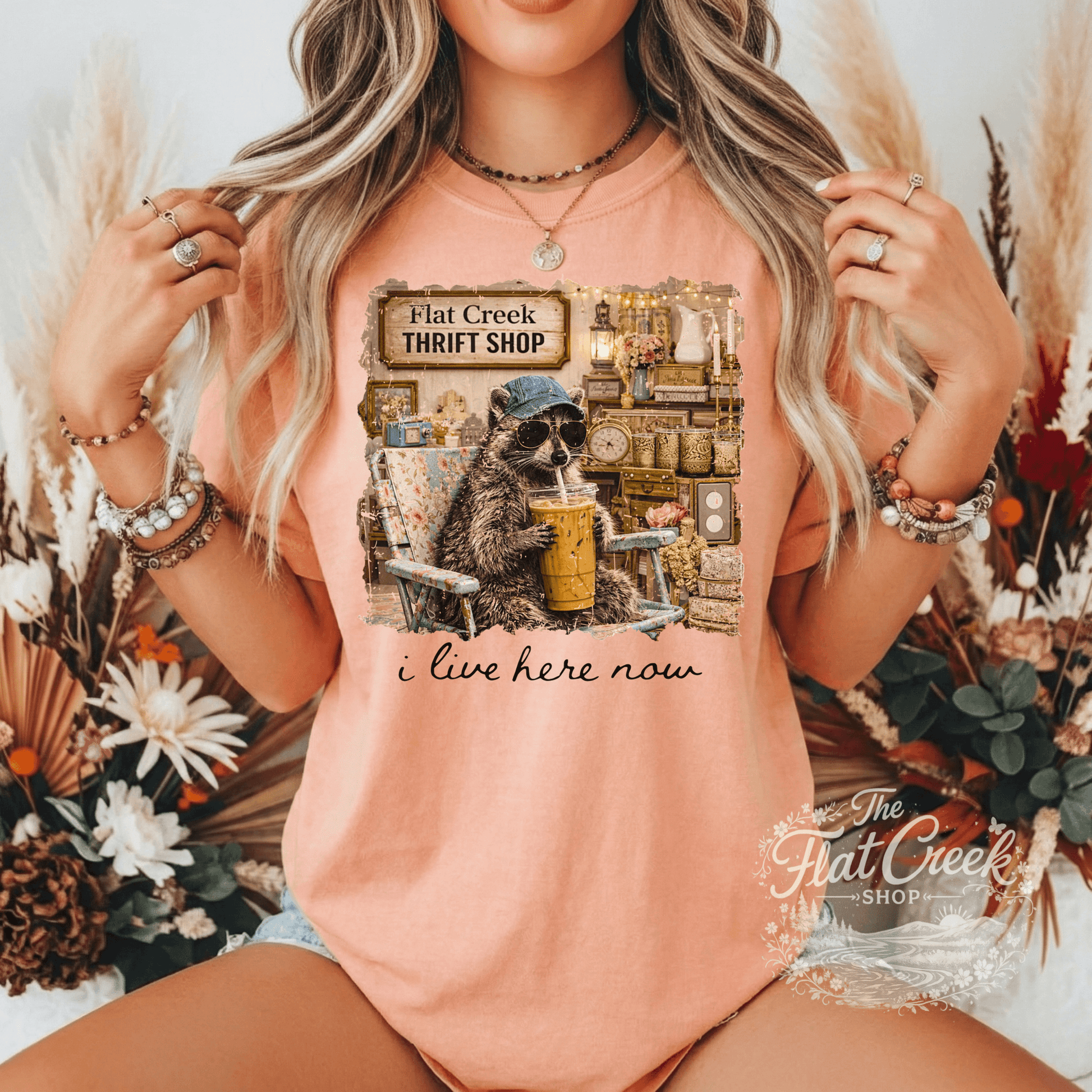 Thrift Shop Raccoon Shirt – "I Live Here Now" Vintage Boutique TeeSThe Flat Creek Shop LLC