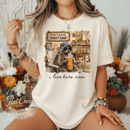 Thrift Shop Raccoon Shirt – "I Live Here Now" Vintage Boutique TeeSThe Flat Creek Shop LLC
