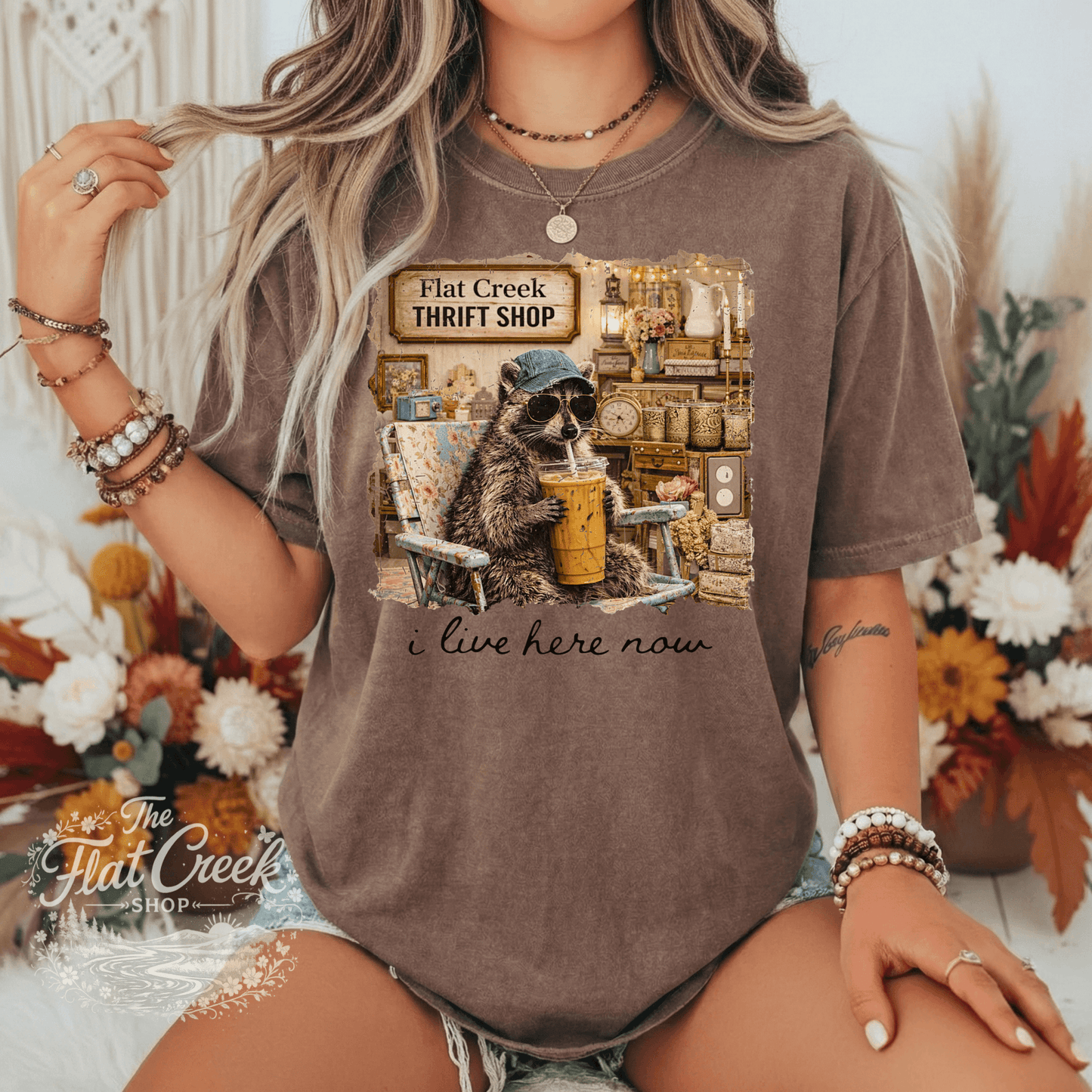 Thrift Shop Raccoon Shirt – "I Live Here Now" Vintage Boutique TeeSThe Flat Creek Shop LLC