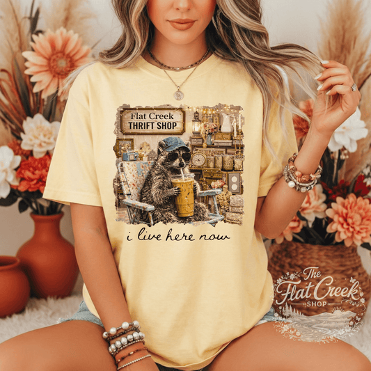 Thrift Shop Raccoon Shirt – "I Live Here Now" Vintage Boutique TeeSThe Flat Creek Shop LLC