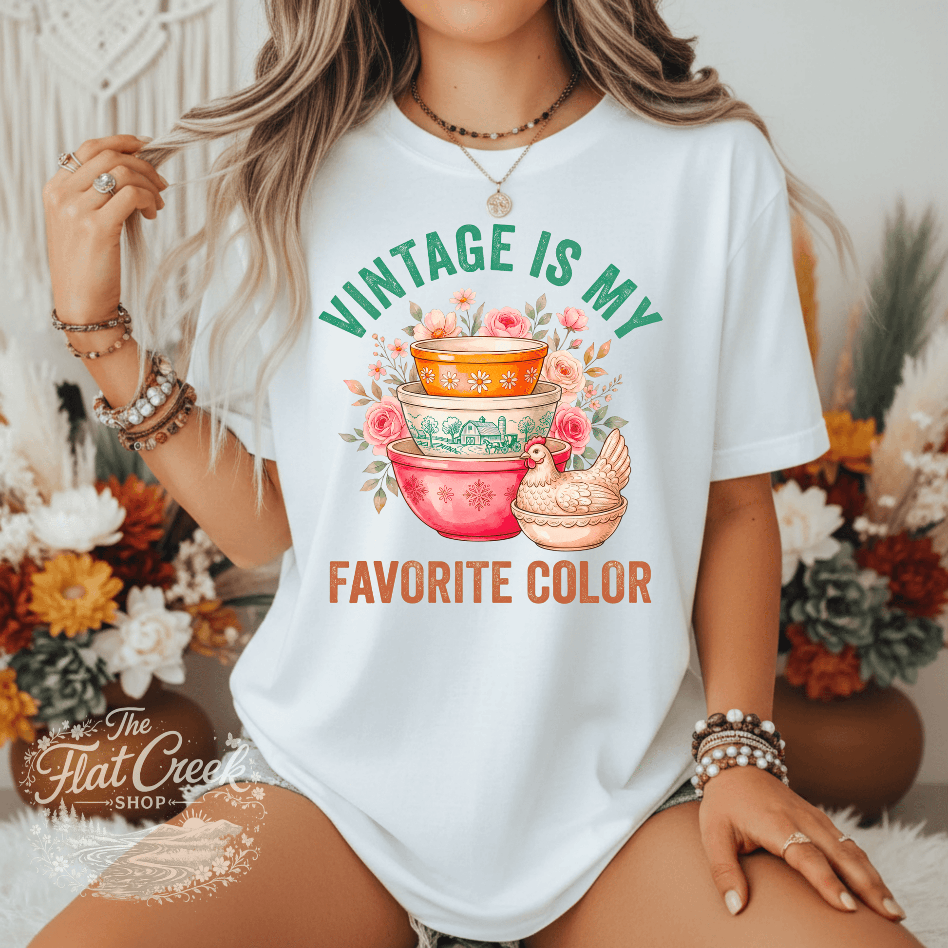 Vintage Is My Favorite Color Graphic Tee | Retro Mixing Bowl Shirt | Farmhouse Floral T-ShirtSThe Flat Creek Shop LLC