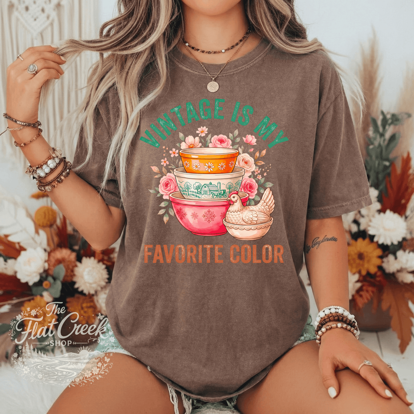 Vintage Is My Favorite Color Graphic Tee | Retro Mixing Bowl Shirt | Farmhouse Floral T-ShirtSThe Flat Creek Shop LLC