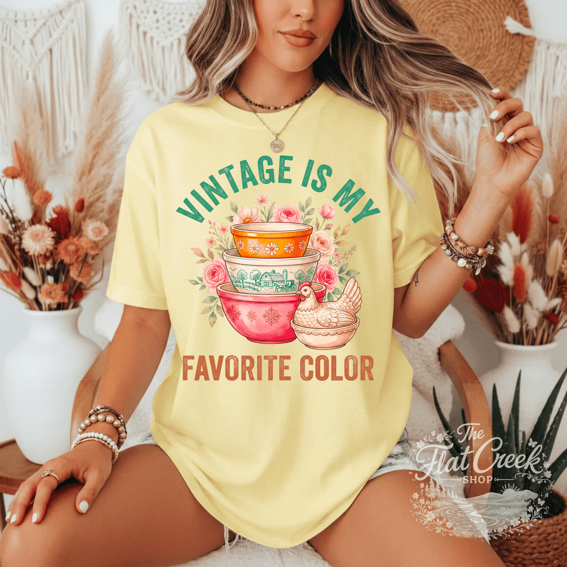Vintage Is My Favorite Color Graphic Tee | Retro Mixing Bowl Shirt | Farmhouse Floral T-ShirtSThe Flat Creek Shop LLC