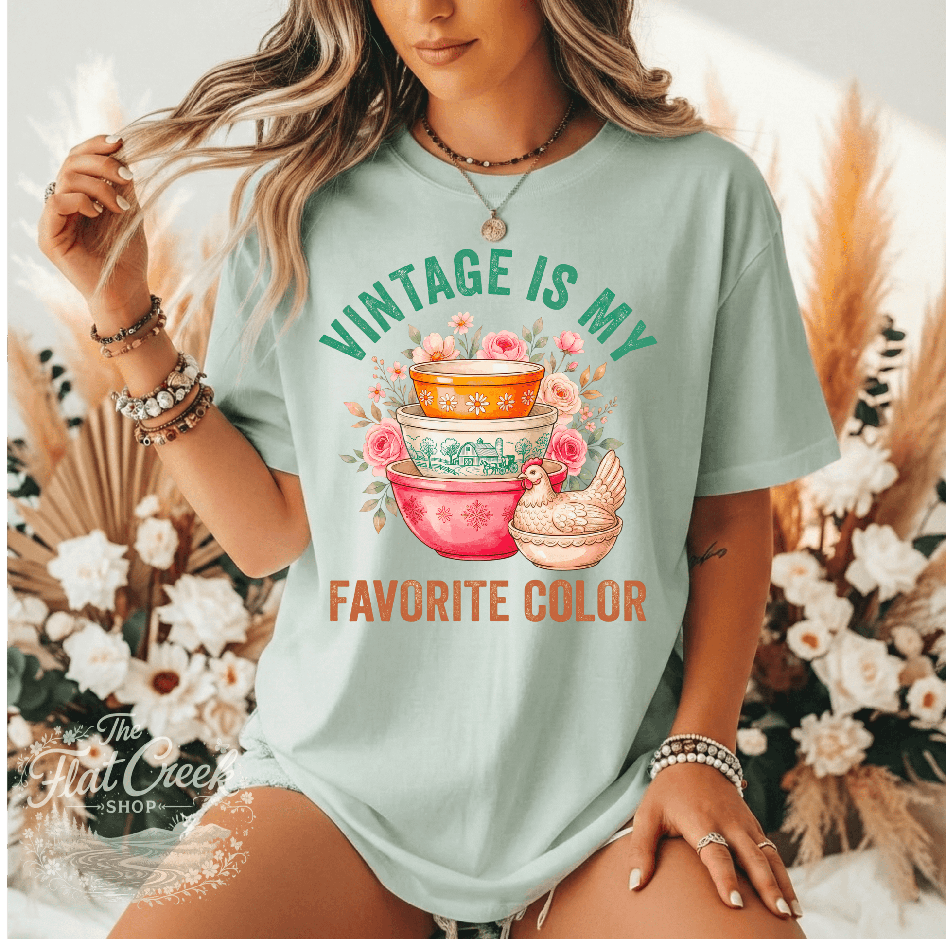 Vintage Is My Favorite Color Graphic Tee | Retro Mixing Bowl Shirt | Farmhouse Floral T-ShirtSThe Flat Creek Shop LLC