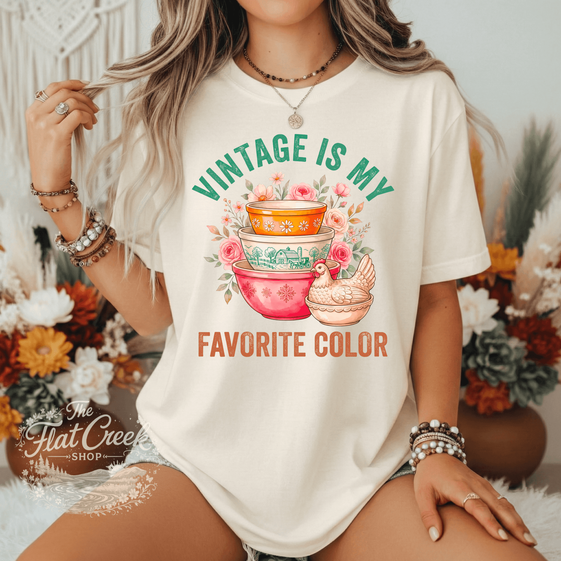Vintage Is My Favorite Color Graphic Tee | Retro Mixing Bowl Shirt | Farmhouse Floral T-ShirtSThe Flat Creek Shop LLC