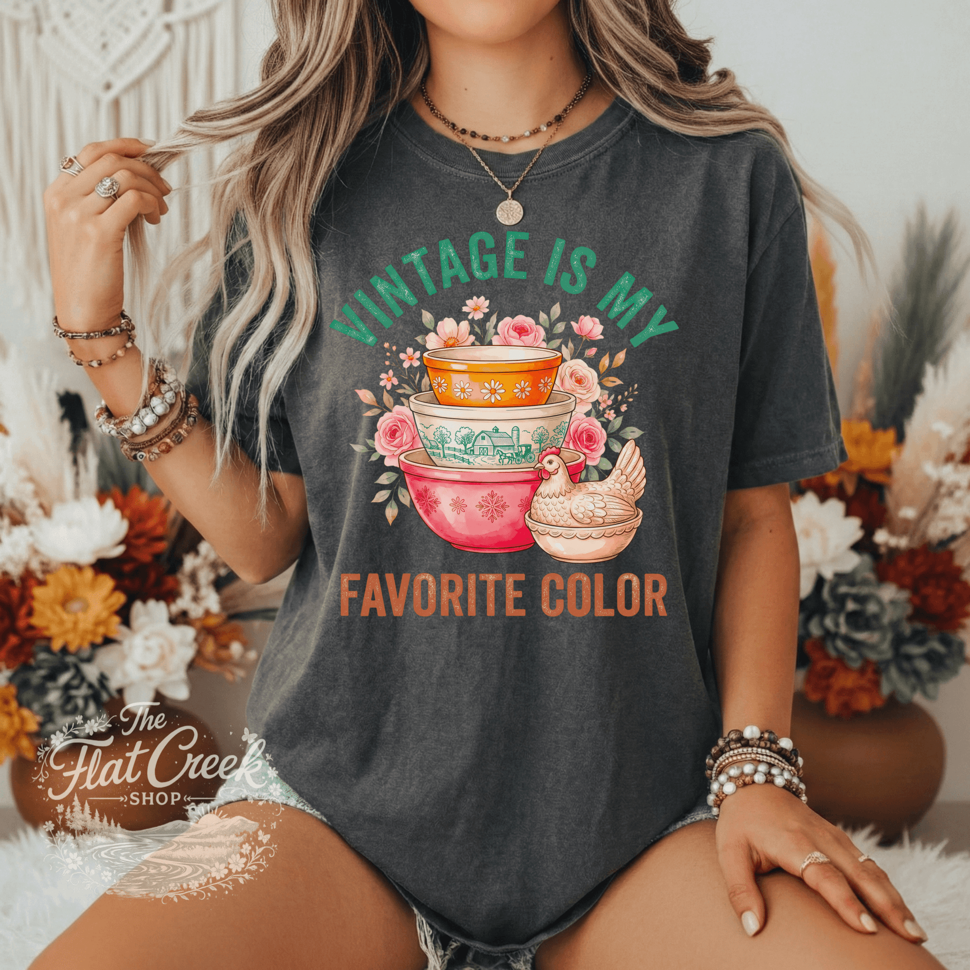 Vintage Is My Favorite Color Graphic Tee | Retro Mixing Bowl Shirt | Farmhouse Floral T-ShirtSThe Flat Creek Shop LLC